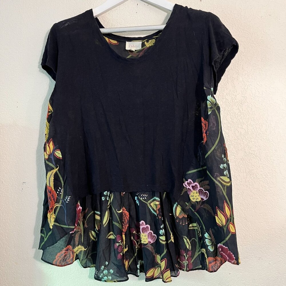 Deletta Womens Black Floral Short Sleeve Sheer Overlay Top Small Linen Blend